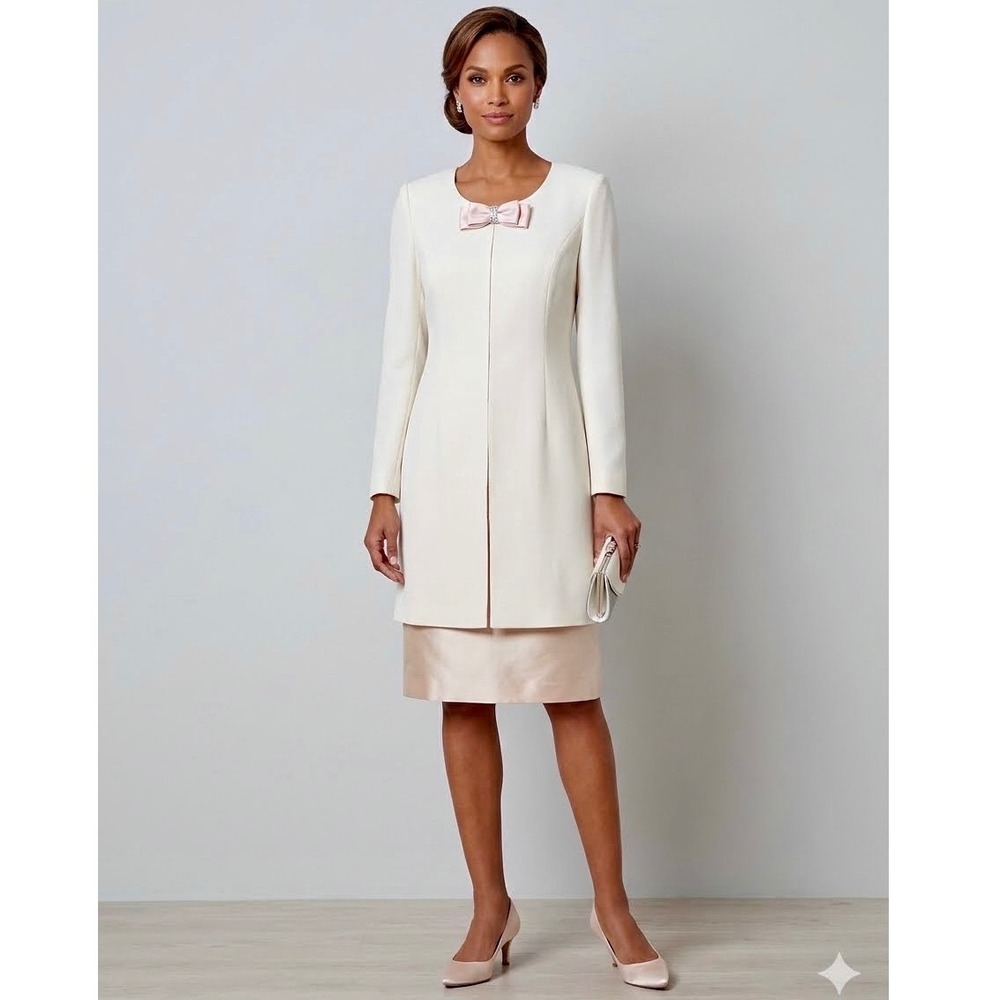 Patra Cream Champagne Bow Rhinestone Dress Jacket Set Mother of the Bride 10